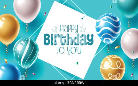 Elegante Clipart di compleanno con palloni blu, oro e bianchi che inquadrano un elegante messaggio di saluto. Illustrazione Vettoriale