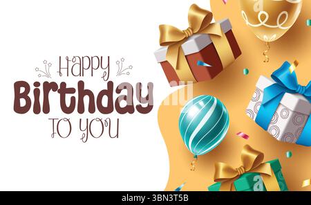 Elegante Clipart per il compleanno con confezioni regalo, palloncini e dettagli oro su uno sfondo tagliato in carta. Illustrazione Vettoriale