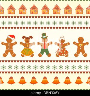 Schema natalizio pan di zenzero con personaggi festivi e fiocchi di neve, adatto per sfondi vettoriali Illustrazione Vettoriale
