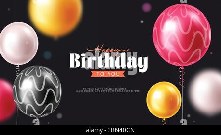 Festeggia con stile con questo elegante banner per il compleanno nero con palloncini oro, rosa e argento. Illustrazione Vettoriale