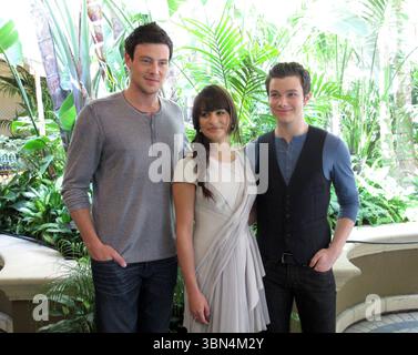 Cory Monteith, Lea Michele e Chris Colfer al comunicato stampa di "Glee" a Los Angeles - 3 ottobre 2011 Foto Stock