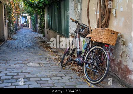 Francia. Parigi. diciottesimo arrondissement. Pigalle. Citate Veron, tranquillo, impasse acciata che si affaccia su Boulevard de Clichy. Foto Stock