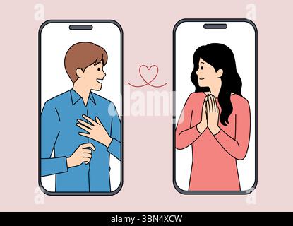 Connessione online che interagisce in modo romantico tramite dispositivi mobili e applicazioni Illustrazione Vettoriale