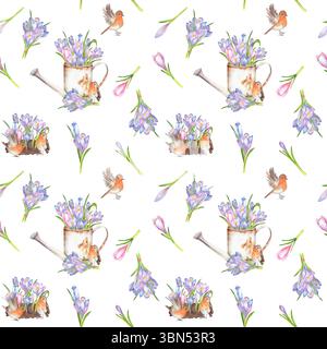 Motivo senza cuciture con croci acquerelli, uccelli robin e lattine da irrigazione. Giardino primaverile con fiori. Colorate illustrazioni floreali disegnate a mano Foto Stock