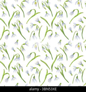 Motivo senza cuciture con fiori di gocce di neve acquerello. Clipart del giardino primaverile. Design floreale. Illustrazione disegnata a mano per tessuto, carta da imballaggio, coagulo Foto Stock