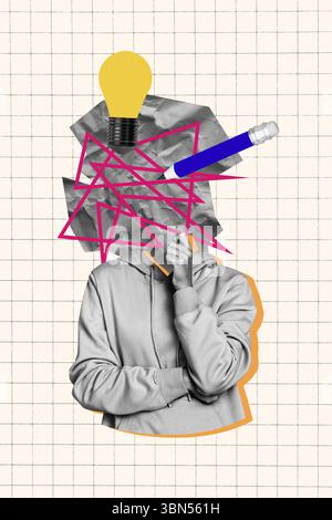 Collage verticale per banner pop di anonimo ragazza invece di lampada da testa a matita e doodle idea alla ricerca di illuminazione concettuale Foto Stock