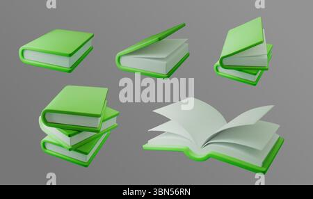 Illustrazione vettoriale 3d di più libri verdi in varie posizioni, sottolineando i temi dell'istruzione e della lettura. Perfetto per progetti educativi Illustrazione Vettoriale
