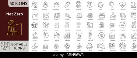 Icone della linea di azzeramento netto: Ecocompatibile, neutro dal carbonio e energia verde. Illustrazione Vettoriale