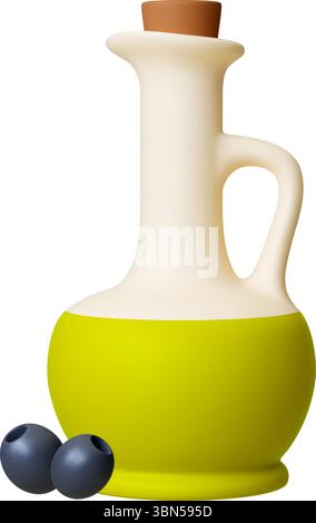 Icona 3d vaso olio d'oliva. Decanter di olio vegetale e olive nere. Cibo mediterraneo fresco e realistico isolato, tempo di raccolta dell'agricoltura, vettore Illustrazione Vettoriale