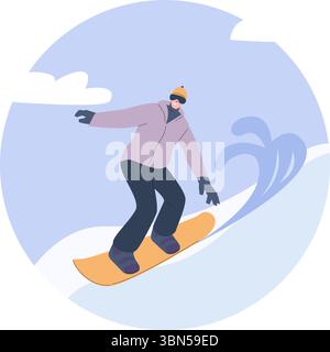Tempo di snowboard. Giovane su snowboard che scende su una pista innevata di montagna. Personaggi attività all'aperto invernali, stile di vita sano, scena vettoriale hobby Illustrazione Vettoriale