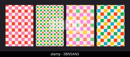 Sfondi colorati con motivo a scacchi rosso, rosa, arancione, verde, blu, quadrati gialli e pastello. Sfondi vettoriali divertenti e senza interruzioni per l'avvolgimento Illustrazione Vettoriale