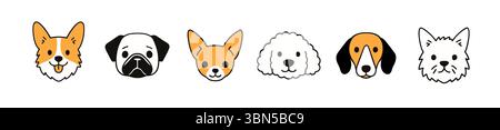 Simpatica icona vettoriale cucciolo con testa di cane. Cane faccia cartone animato doodle PET animale piatto corgi bulldog terrier. Illustrazione Vettoriale