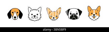 Simpatica icona vettoriale cucciolo con testa di cane. Cane faccia cartone animato doodle PET animale piatto corgi bulldog terrier. Illustrazione Vettoriale