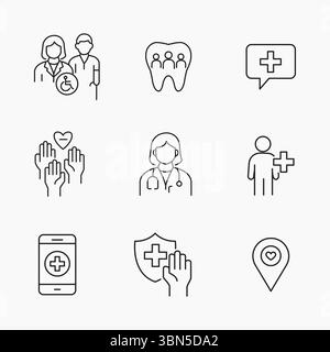Inclusive Healthcare and Accessibility Icons in Minimal Outline Style, servizi medici digitali, perfetti per i moderni progetti medici, illustrati vettoriali Illustrazione Vettoriale