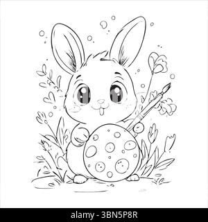 "Simpatico coniglietto con un pennello e un uovo di Pasqua in un disegno di pagina da colorare con motivi floreali" Illustrazione Vettoriale