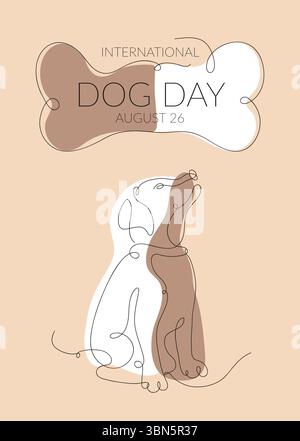 Design della carta International Dog Day con una silhouette di cane in linea. Modello minimalista con una linea di chiusura e spazio per il testo. Illustrazione Vettoriale