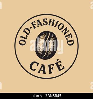 Logo Old Fashioned Cafe con fagioli di caffè disegnati a mano per il marchio Vintage Illustrazione Vettoriale