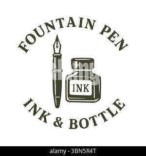 Elegante penna per fontana e emblema vintage per gli appassionati di scrittura Illustrazione Vettoriale
