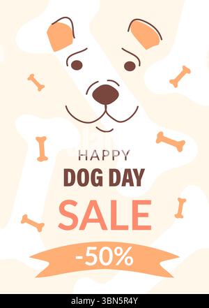 Modello verticale per la giornata internazionale dei cani con un cane felice. Cartolina dedicata alla vacanza degli animali domestici. Sfondo per la progettazione di poster, cartoline, inviti, volantini. Illustrazione Vettoriale