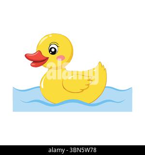 Carino Cartoon Duck - adorabile personaggio giallo che nuota in acqua Illustrazione Vettoriale