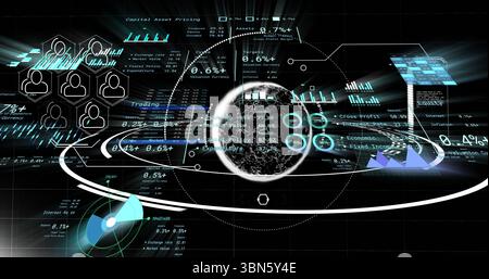 Visualizzazione di display olografico finanziario che proietta globo in interfaccia con anelli e icone esagonali Foto Stock
