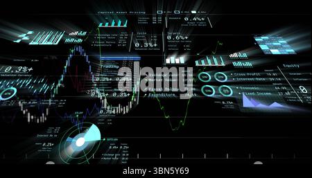 Visualizzazione dei pannelli UI nello spazio digitale, con grafici a linee, candele e indicatori e letture numeriche Foto Stock