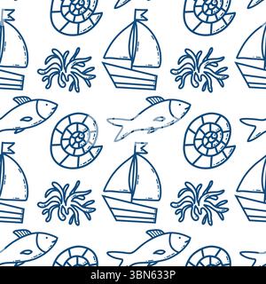 Modello nautico senza cuciture con barche, pesci, conchiglie e alghe marine Illustrazione Vettoriale