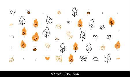 Motivo autunnale minimalista con alberi e foglie stilizzati. Le linee arancioni e nere creano un'atmosfera moderna e festosa. Ideale per le stagioni Illustrazione Vettoriale