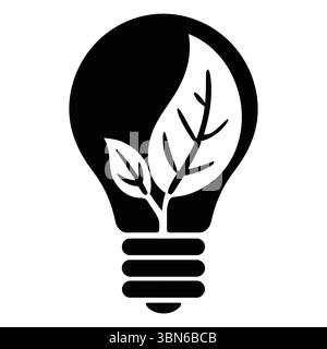 Icona di una lampadina ecocompatibile con piante in crescita. Questa semplice grafica vettoriale in bianco e nero raffigura una lampadina con foglie stilizzate che crescono dalla sua Illustrazione Vettoriale