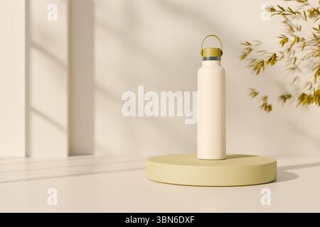 Bottiglia d'acqua beige su una piattaforma rotonda con ombre morbide e una pianta dallo stile minimalista. rendering 3d. Foto Stock