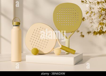 Due pagaie da tennis beige e oro con palla e bottiglia d'acqua esposte su piedistallo bianco. rendering 3d. Foto Stock