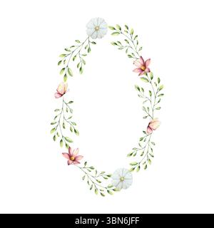 Fiori primaverili e rami con foglie, ghirlanda di farfalle, telaio. Logo acquerello con gerbera, camomilla, echinacea. Arte di fiori selvatici disegnata a mano Foto Stock