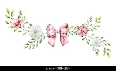 Fiocco rosso decorativo con lungo nastro, fiori primaverili e rami con foglie. Acquerello gerbera disegnata a mano, camomilla, echinacea illustrazioni isolate Foto Stock