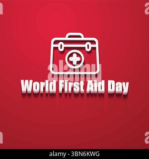 Giornata mondiale di pronto soccorso Vector Typografia con icone mediche e Croce Rossa per la salute poster di consapevolezza. Illustrazione Vettoriale