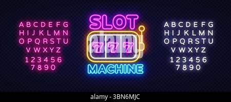 Slot machine per insegne al neon con triple 777 su bobine, leva laterale e illuminazione vivace. Collezione completa di alfabeti in modelli brillanti su entrambi i lati. Illustrazione Vettoriale