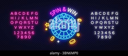 Segno al neon gira e vinci con la ruota della roulette, le monete volanti e i simboli delle stelle. Circondato da set di font luminosi per un design promozionale del casinò. Illustrazione Vettoriale