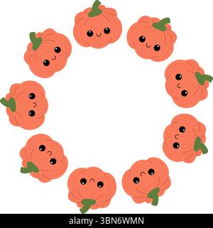 Simpatica zucca con il viso sorridente in una cornice rotonda. Corona di Halloween. Telaio rotondo decorativo. Illustrazione Vettoriale
