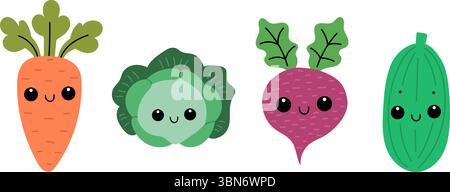 Set di verdure carine in stile kawaii. Verdure sorridenti. Illustrazione Vettoriale
