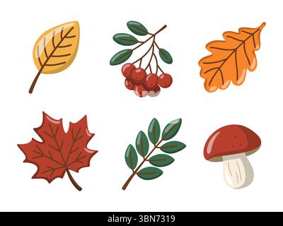 Parco naturale autunnale con foglie autunnali colorate, frutti di bosco e funghi. Illustrazione isolata del vettore cartoni animati Illustrazione Vettoriale