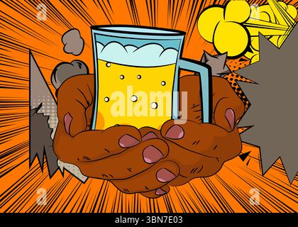 Cartoni animati, mani umane del fumetto che tengono in mano il bicchiere di birra. Fumetti vettoriali retrò e pop art. Illustrazione Vettoriale