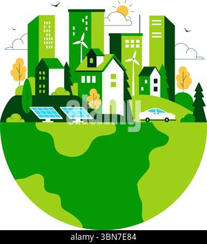 Illustrazione vettoriale del Green Building con una splendida vista panoramica ecologica della città verde con grattacieli, ecologia e sostenibilità Illustrazione Vettoriale