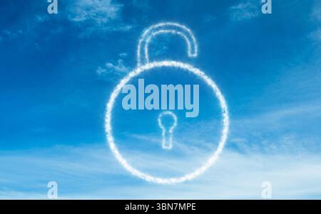Il lucchetto aperto a forma di nuvola galleggia in un cielo azzurro dal design piatto pieno di nuvole Foto Stock