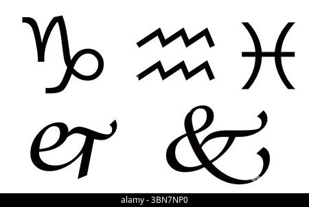 Segni zodiacali e simboli tipografici Ampersand - icone vettoriali nere Illustrazione Vettoriale