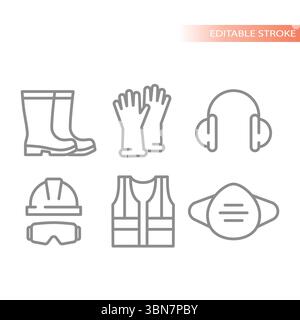 Dispositivi di protezione individuale o DPI con gilet e icone della linea dei guanti. HardHat o casco, cuffie, respiratore e giubbotto di protezione Icon Vector Illustrazione Vettoriale