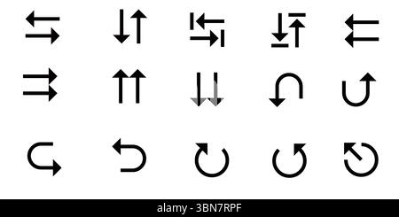 Set di icone linea freccia bidirezionale e curva - elementi dell'interfaccia utente direzionale in bianco e nero Illustrazione Vettoriale