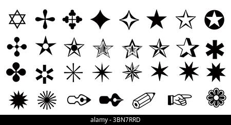 Set di icone diverse stelle, croci ed elementi grafici - simboli vettoriali in bianco e nero Illustrazione Vettoriale