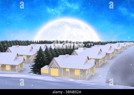 La notte d'inverno mostra cottage con luci sotto la luna tra pini e neve alla deriva, design piatto Foto Stock