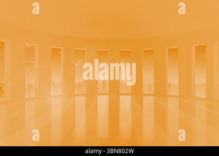 Gli ampi e alti interni presentano finestre avvolgenti e riflessi del pavimento in rendering 3D. Foto Stock