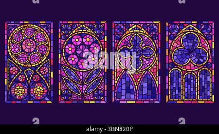 Finestre della chiesa con arco gotico e vetrate colorate. Cornici cattedrale con motivo floreale. Architettura medievale antica con decorazioni a mosaico Illustrazione Vettoriale