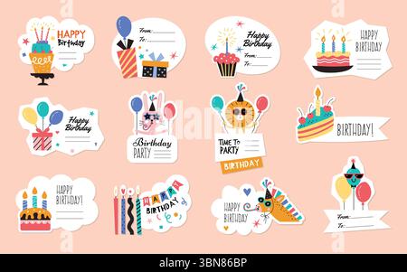 Distintivi Paryt. Gli adesivi per festeggiare il compleanno impostano modelli vettoriali recenti in stile piatto Illustrazione Vettoriale